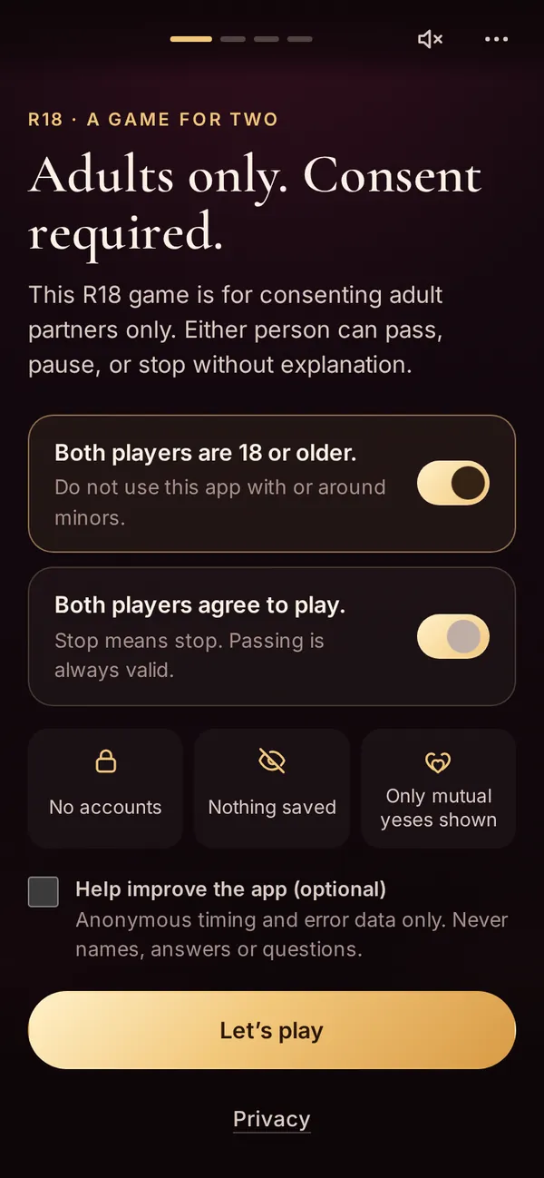 Couples Game Night showing the R18 consent gate