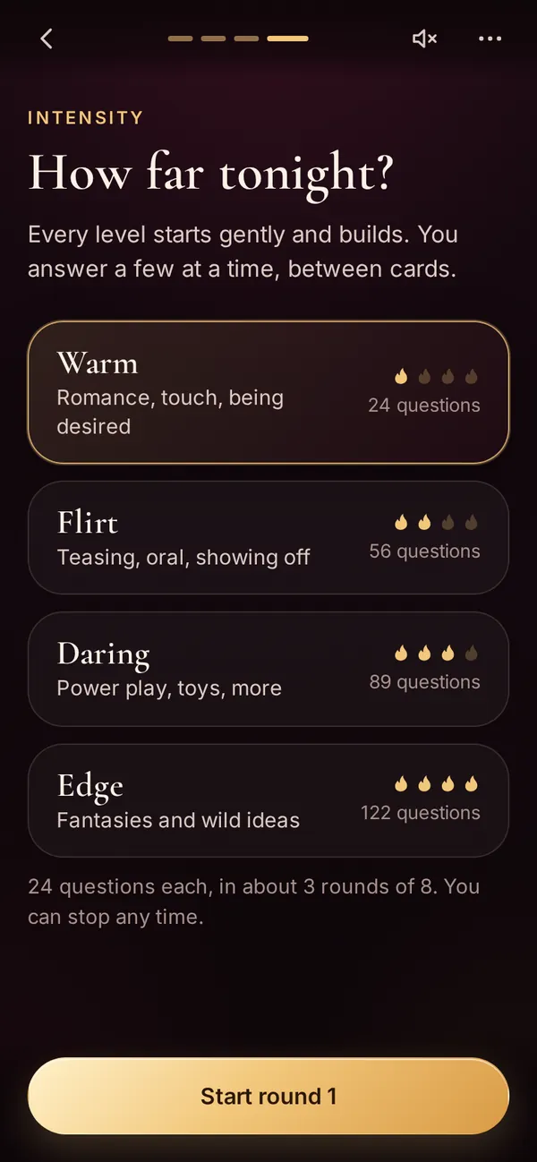 Choosing tonight's level: Warm, Flirt, Daring or Edge