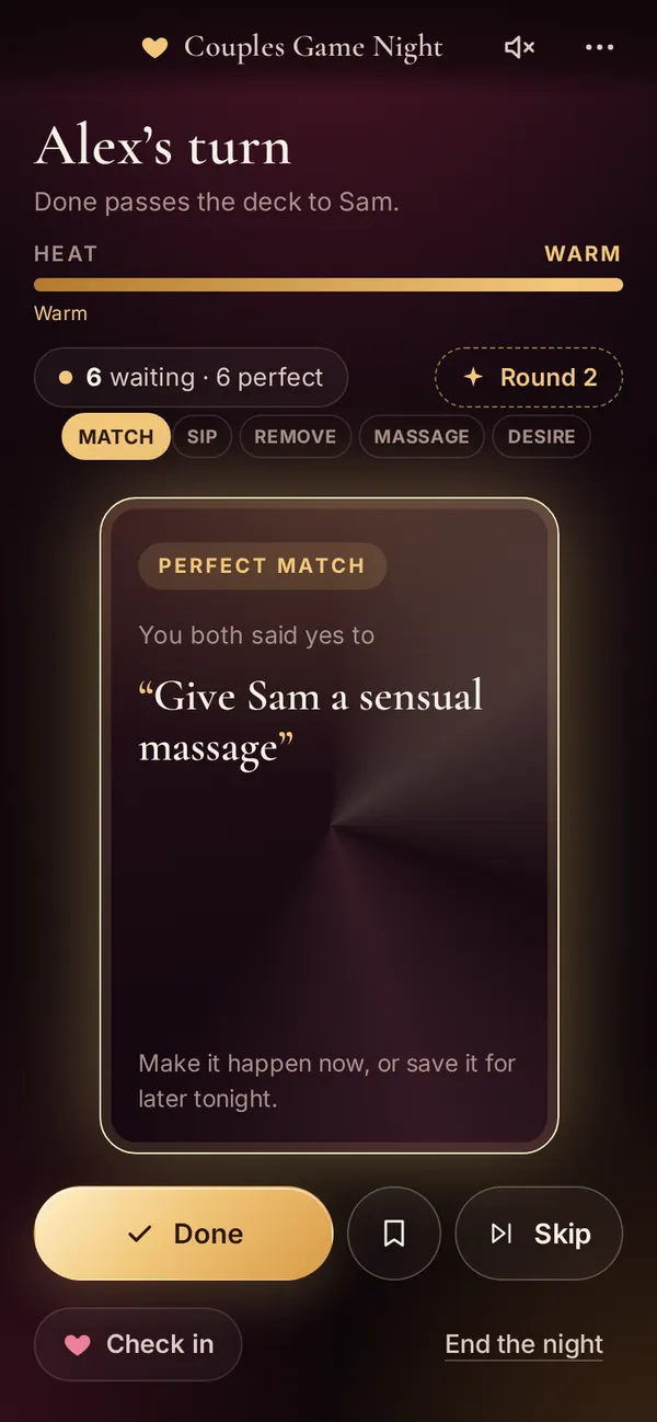 A golden perfect-match card revealed at the table