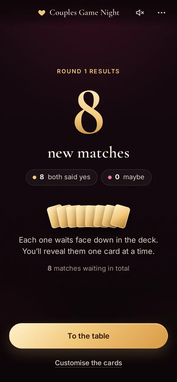 Round results showing eight new matches waiting face down