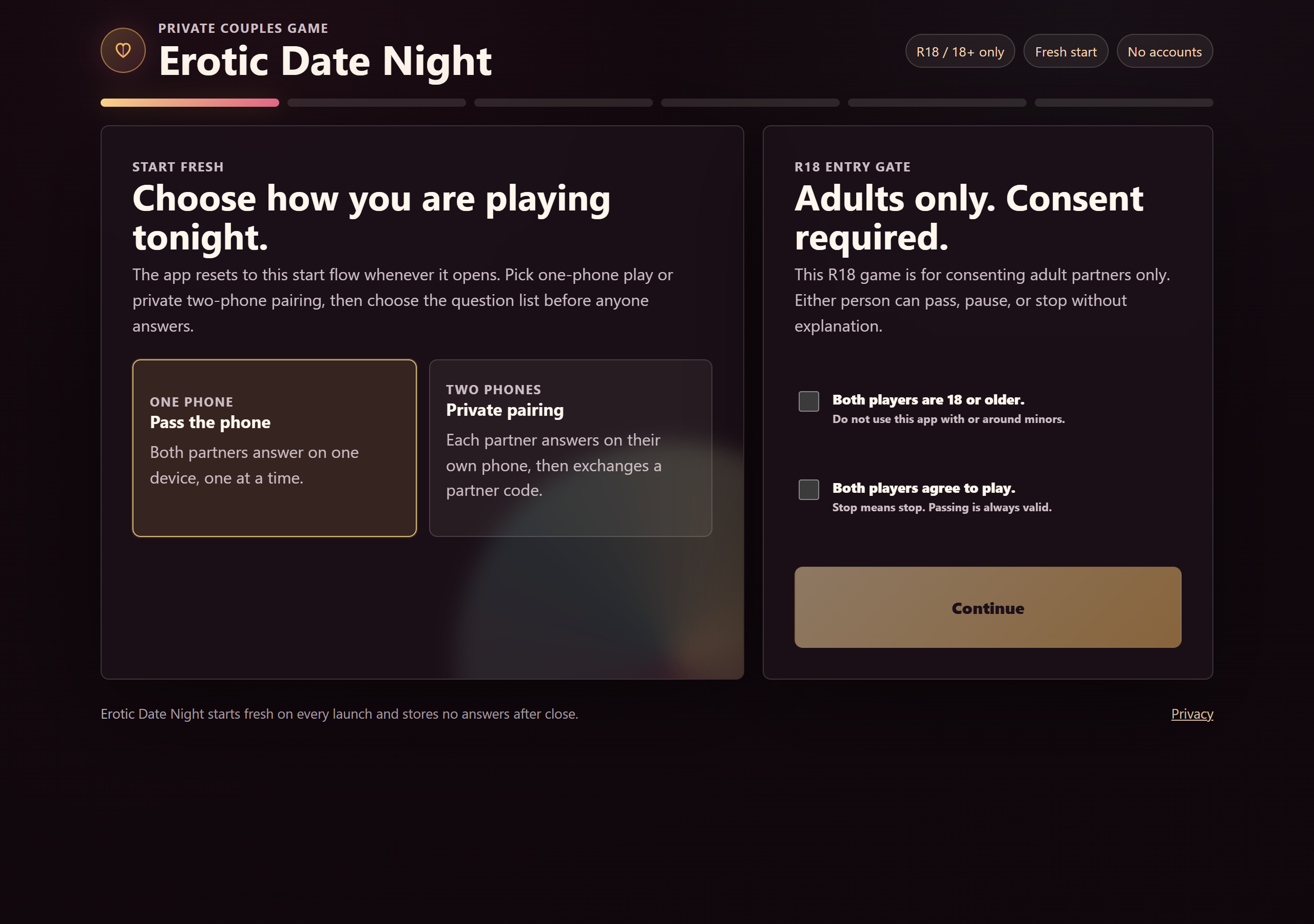 Desktop preview of the Erotic Date Night play screen