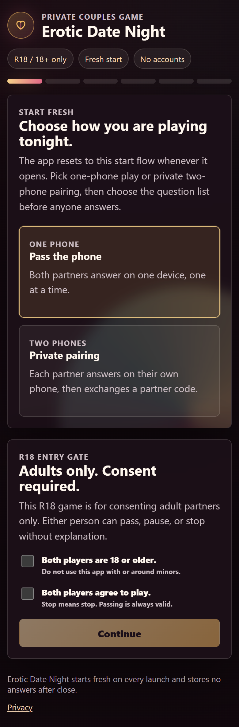 Mobile preview of the Erotic Date Night guided game flow